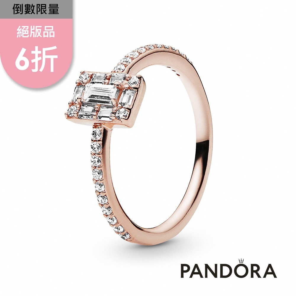 【Pandora官方直營】方形寶石璀璨光環戒指：鍍14k玫瑰金-絕版品