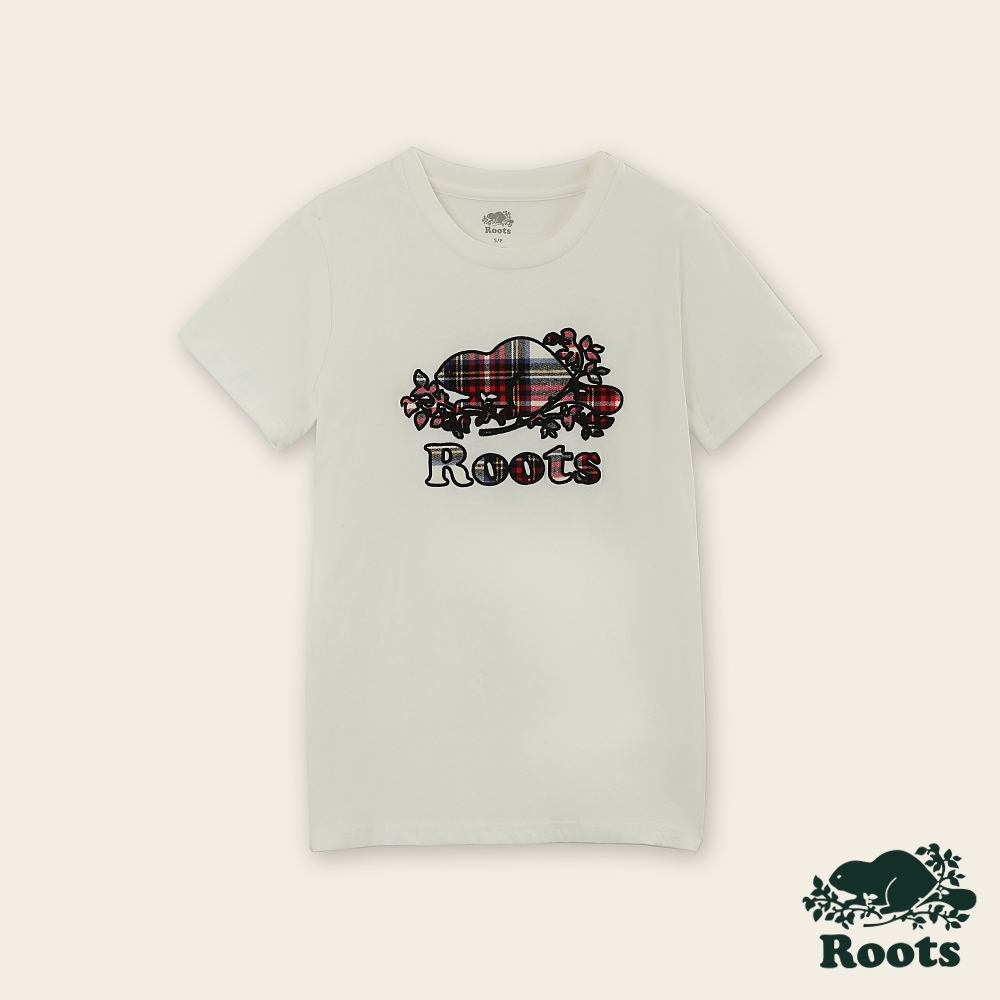 Roots女裝-經典小木屋系列 格紋海狸LOGO短袖T恤-奶油白