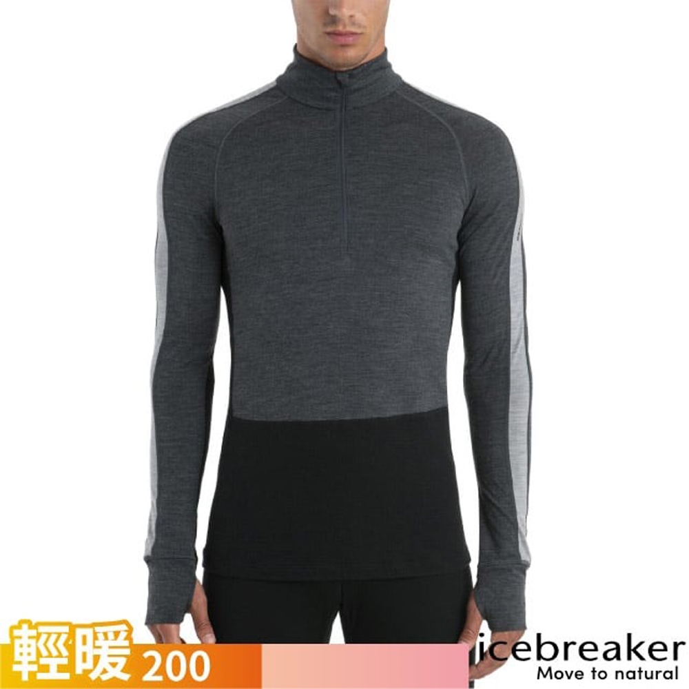 【Icebreaker】男 ZoneKnit 美麗諾羊毛 網眼透氣保暖半開襟長袖上衣-BF200.T恤_IB0A56H9-585 深灰/黑