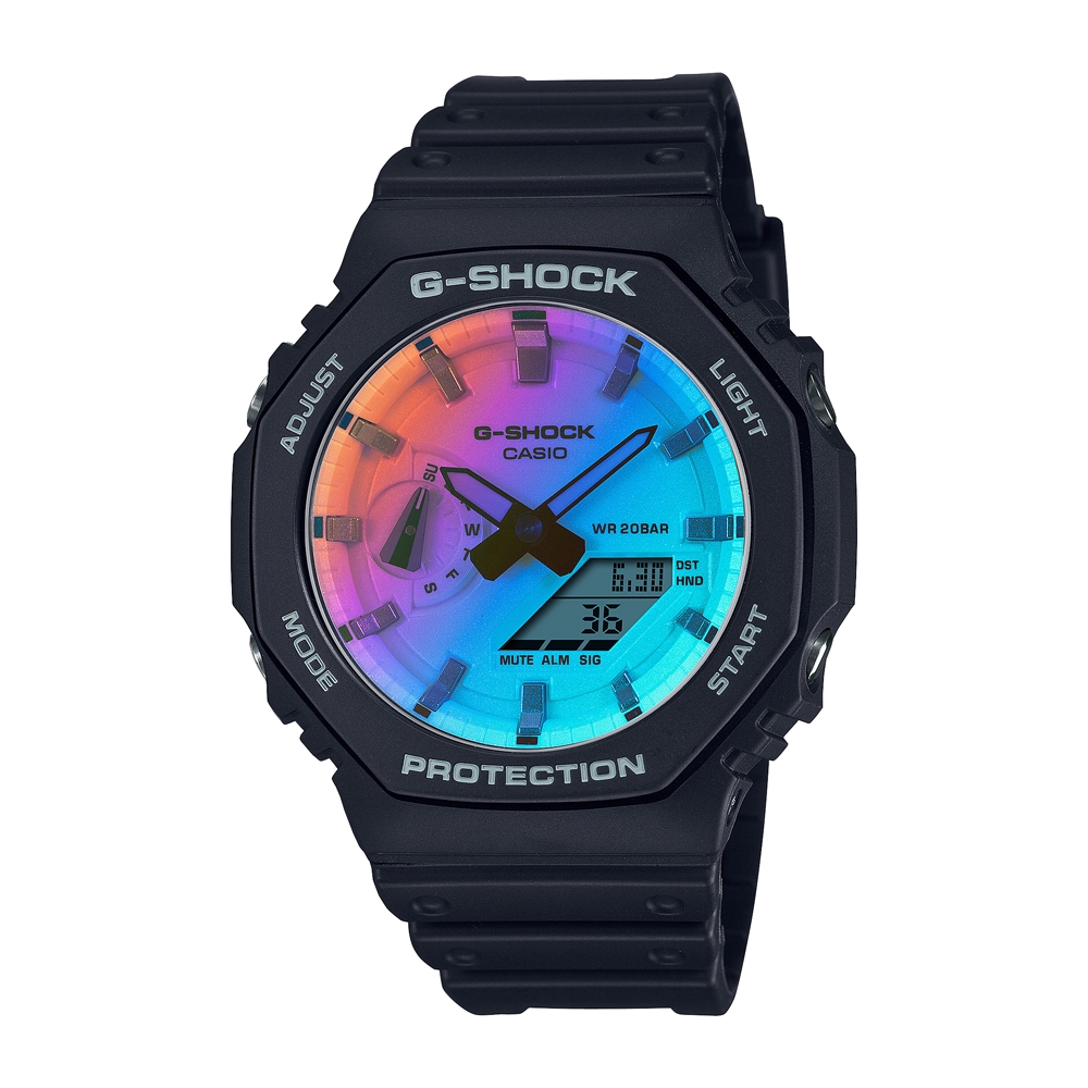 CASIO卡西歐 G-SHOCK 彩虹蒸鍍 七彩漸變 耀眼反射光 酷黑 八角形錶殼 GA-2100SR-1A_45.4mm