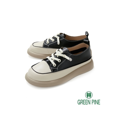 GREEN PINE寬楦全真皮懶人微厚底休閒鞋黑色(00340281)