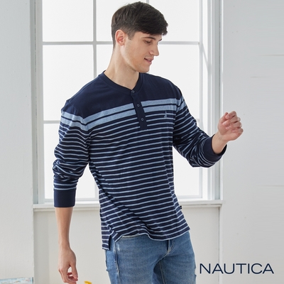 Nautica 男裝 亨利領長袖POLO衫-深藍