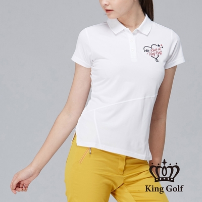 【KING GOLF】女款愛心皇冠領口拼接色塊造型POLO衫/高爾夫球衫-白色