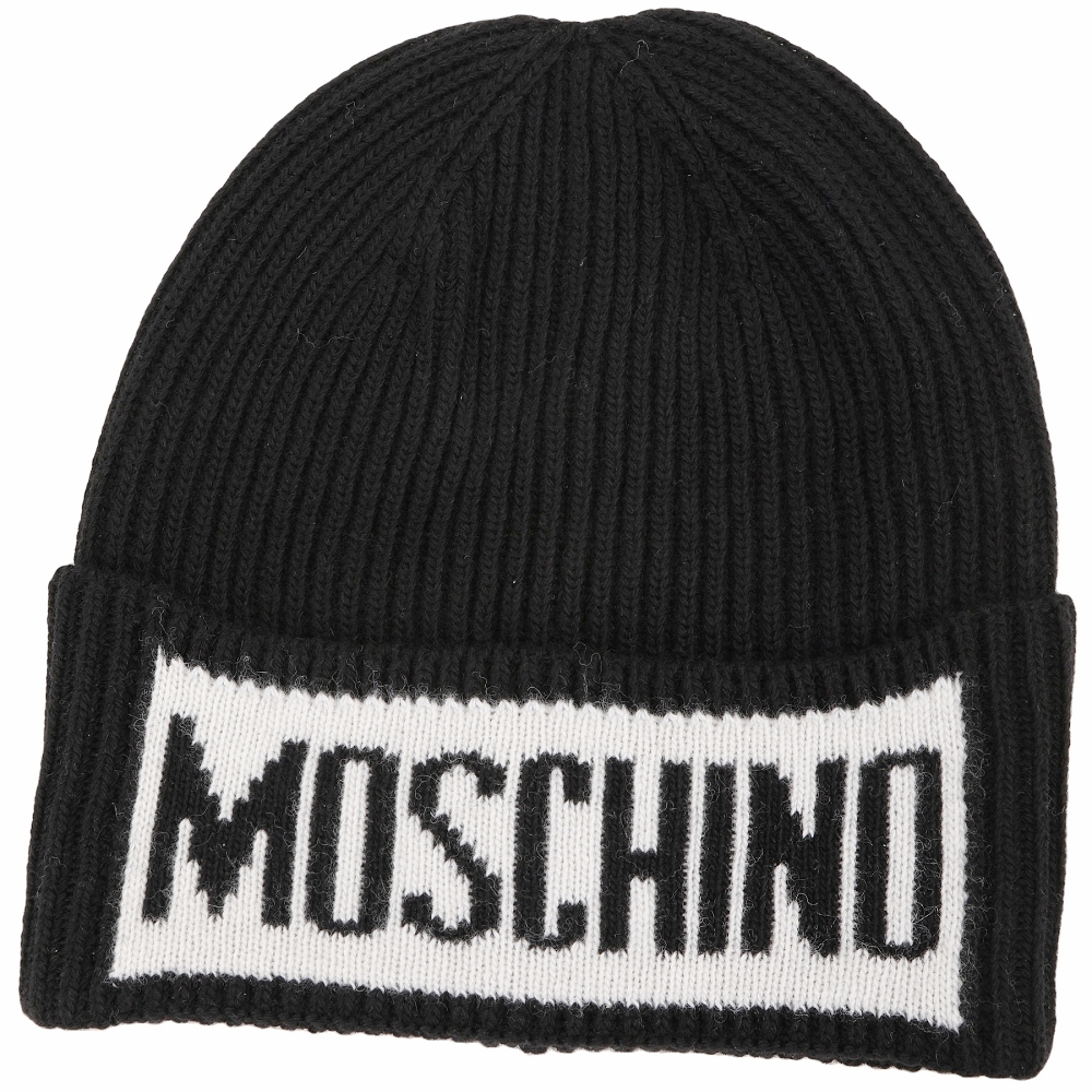 MOSCHINO 字母粗針織反摺羊毛帽(黑色)