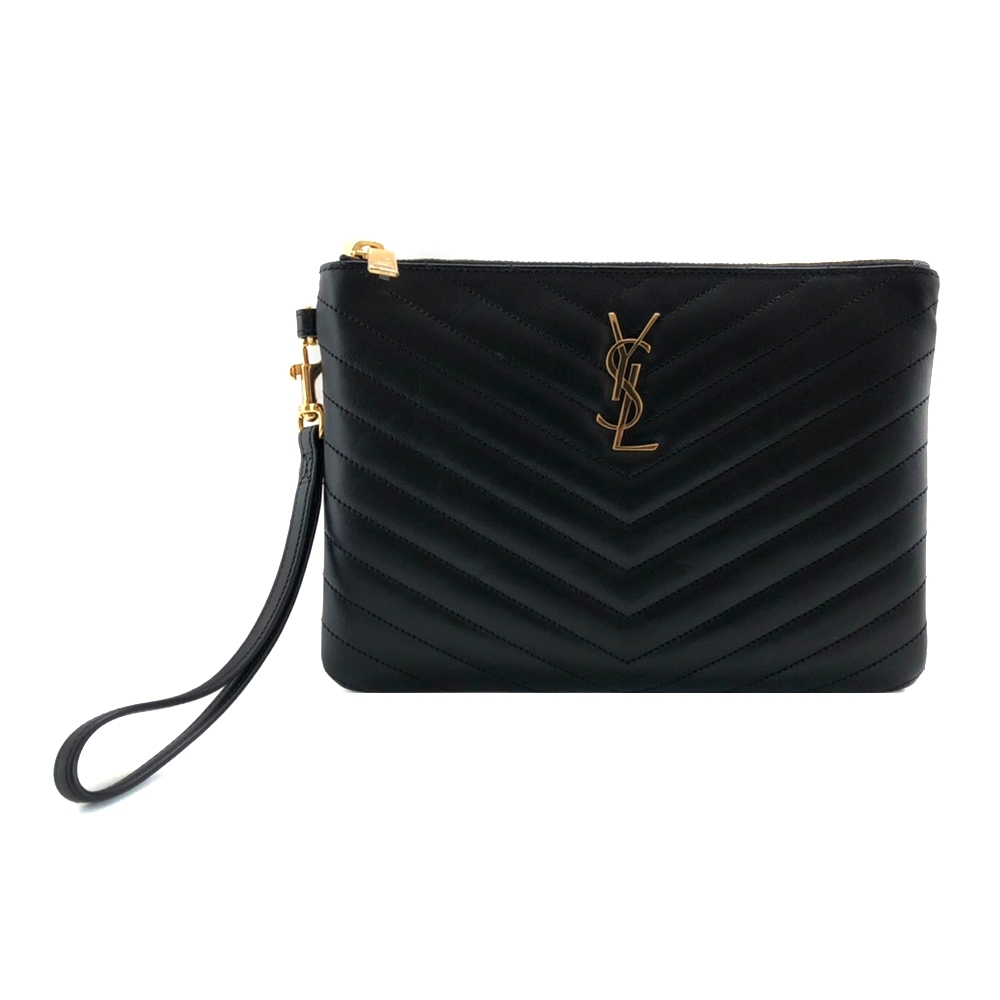 YSL Monogram V字縫線牛皮金logo手拿包(379039-黑)