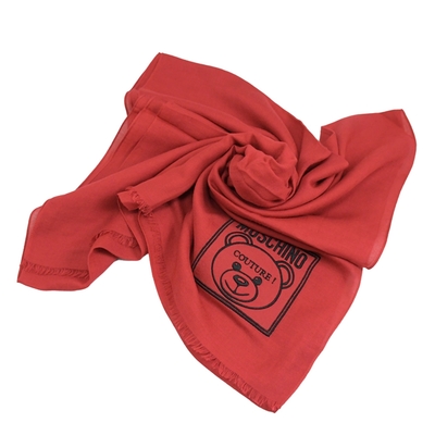 MOSCHINO簡約電繡小熊圖案素面薄圍巾(紅/60X200)