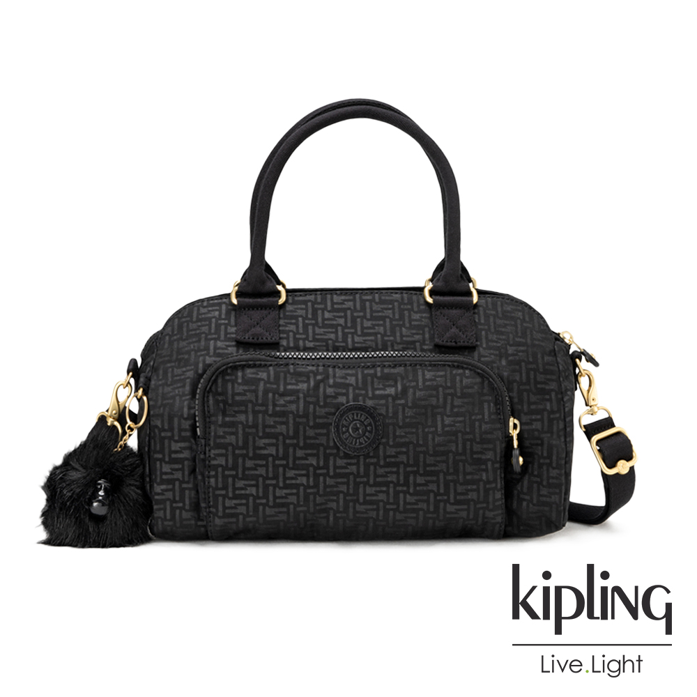 Kipling黑色幾何紋路前袋手提側背包-ALECTO