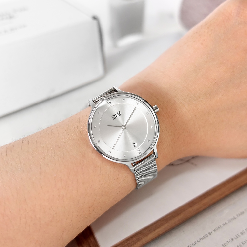 EROS CERES 贈錶帶 / LQ3303S-S / 藍寶石水晶玻璃 晶鑽 日期 米蘭編織不鏽鋼手錶 禮盒組-銀色/33mm
