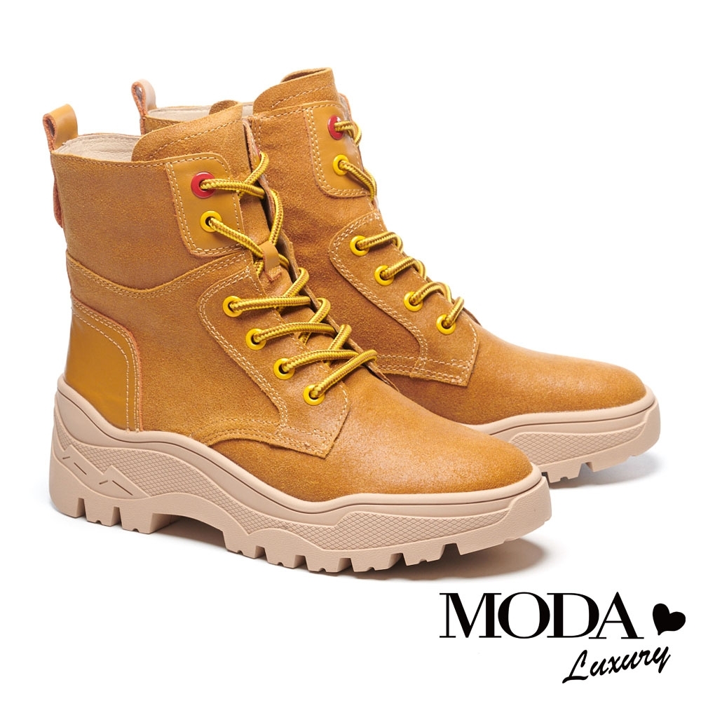 短靴 MODA Luxury 簡約登山風中性全真皮綁帶厚底短靴－咖