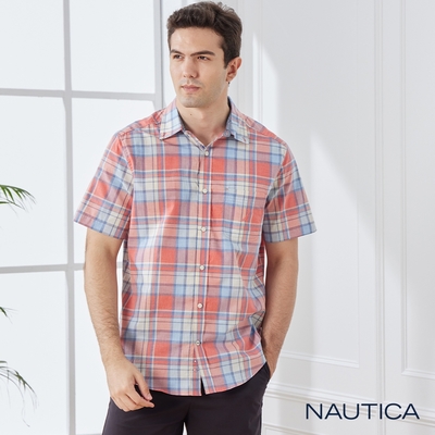 Nautica 男裝撞色格紋短袖襯衫-紅