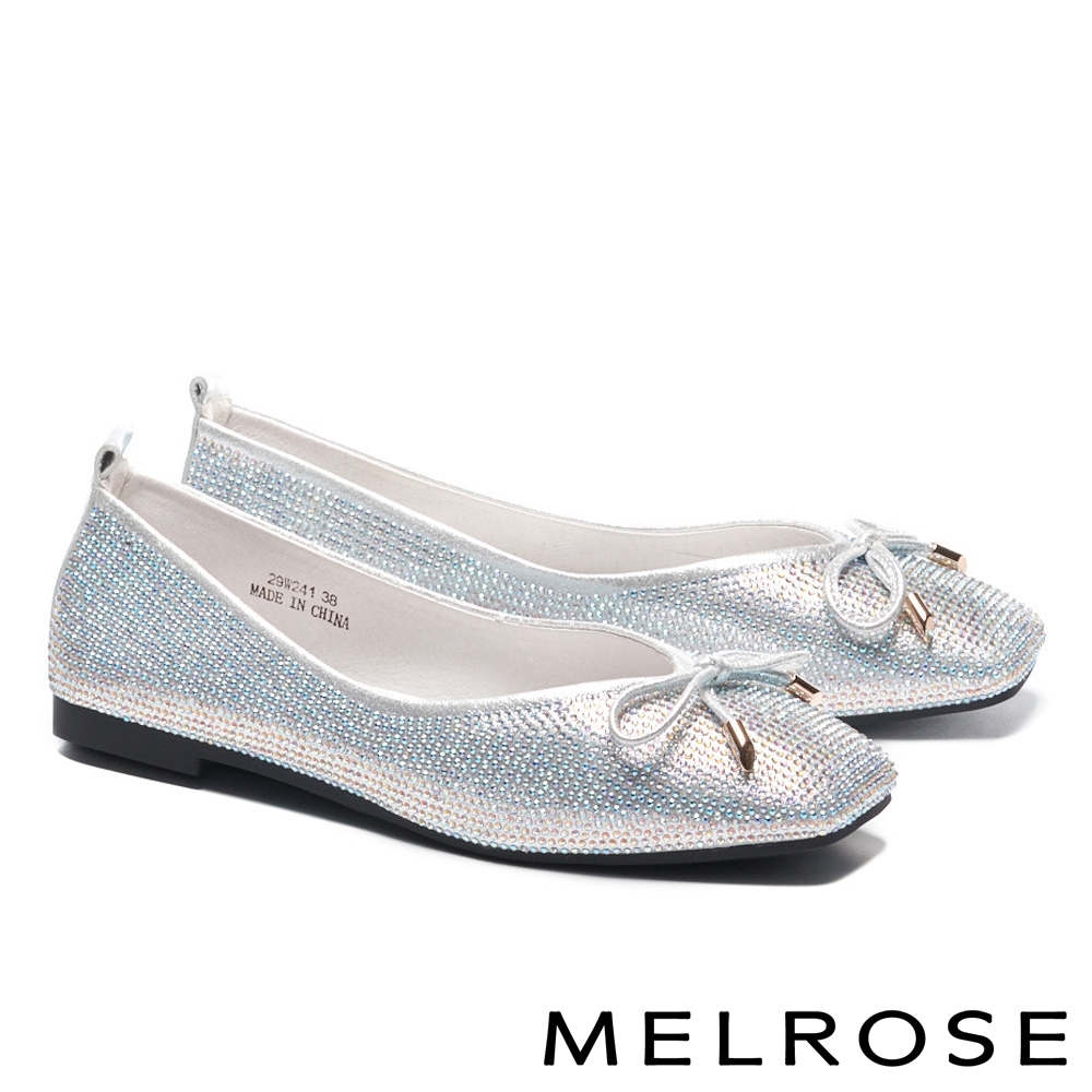 平底鞋 MELROSE 時髦閃耀水鑽蝴蝶結方頭平底鞋－銀