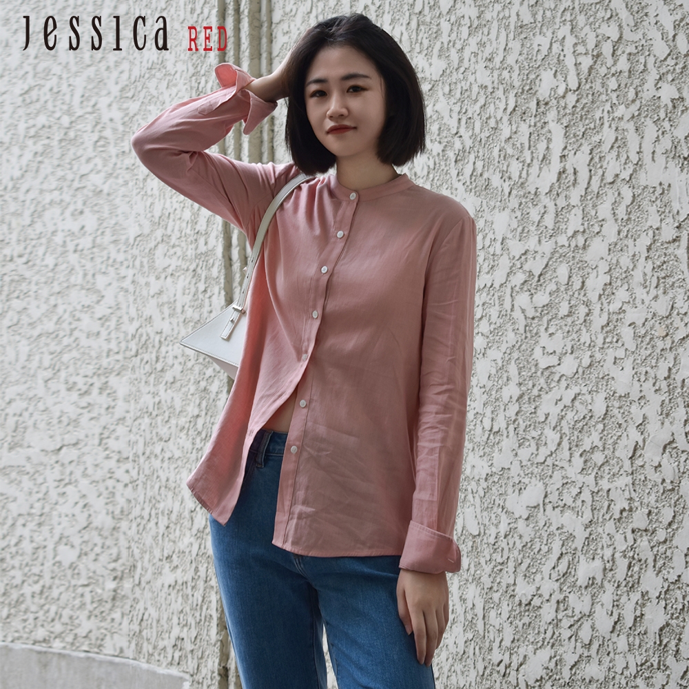 JESSICA RED - 知性舒適透氣亞麻混紡長袖襯衫824133（粉）