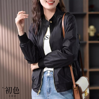 初色 韓版純色立領口袋寬鬆長袖拉鍊夾克外套棒球外套-黑色-33174(M-2XL可選)