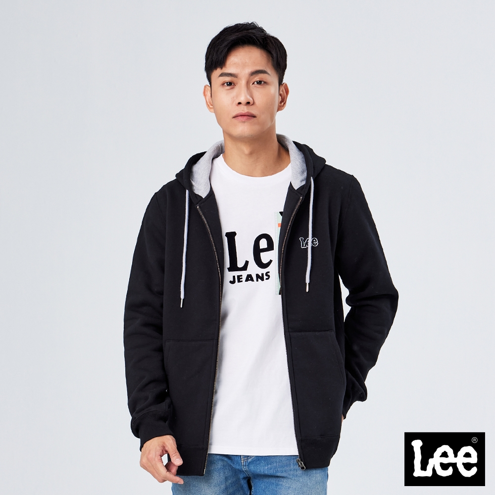 Lee 男女同款 內刷毛小LOGO連帽休閒外套 黑 情侶款