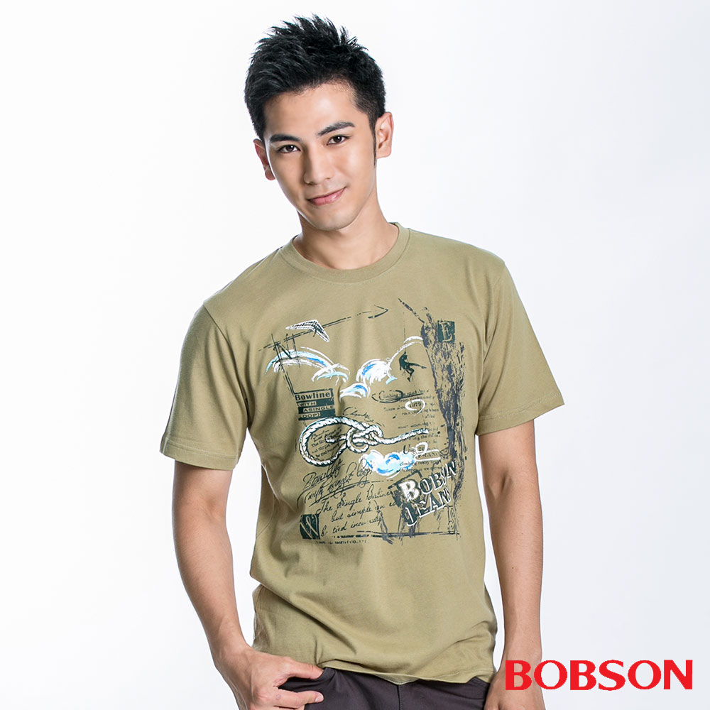 BOBSON 男款繩結印圖短袖上衣(黃綠23024-30)