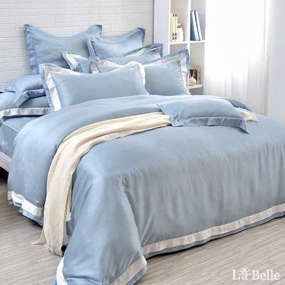 義大利La Belle 法式美學 加大天絲拼接防蹣抗菌吸濕排汗兩用被床包組-共三色-藍色