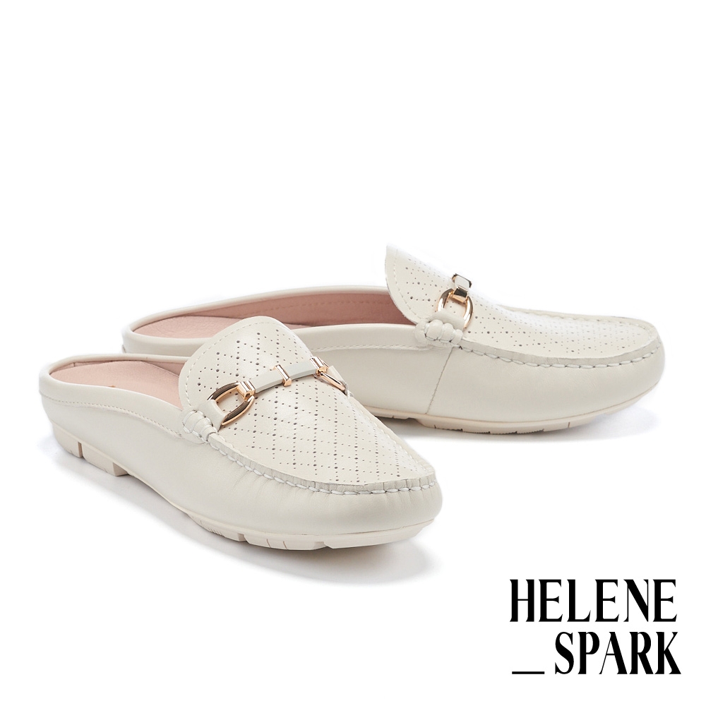 穆勒鞋 HELENE_SPARK 簡約日常長釦沖孔全真皮穆勒低跟拖鞋－米 product image 1