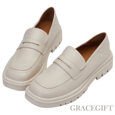 【Grace Gift】圓頭便仕2way低跟樂福鞋 米白