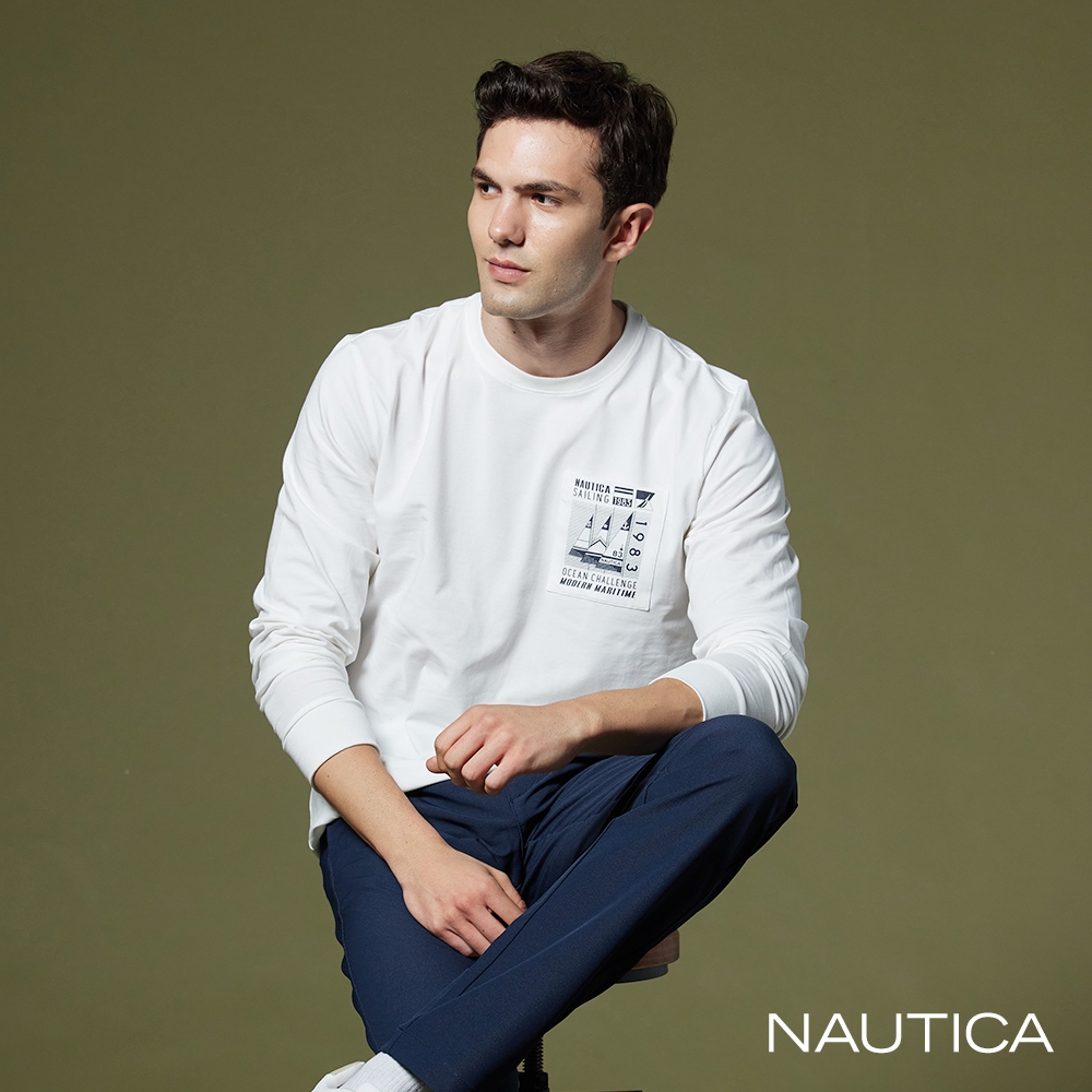 NAUTICA男裝 品牌帆船印花口袋長袖T恤-白