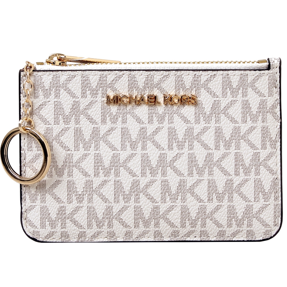 MICHAEL KORS JET SET TRAVEL卡片吊飾金字LOGO滿版零錢卡夾包-香草白