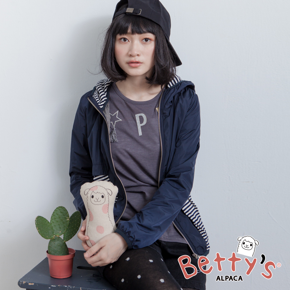 betty’s貝蒂思　連帽條紋拼接防風拉鍊外套(深藍)