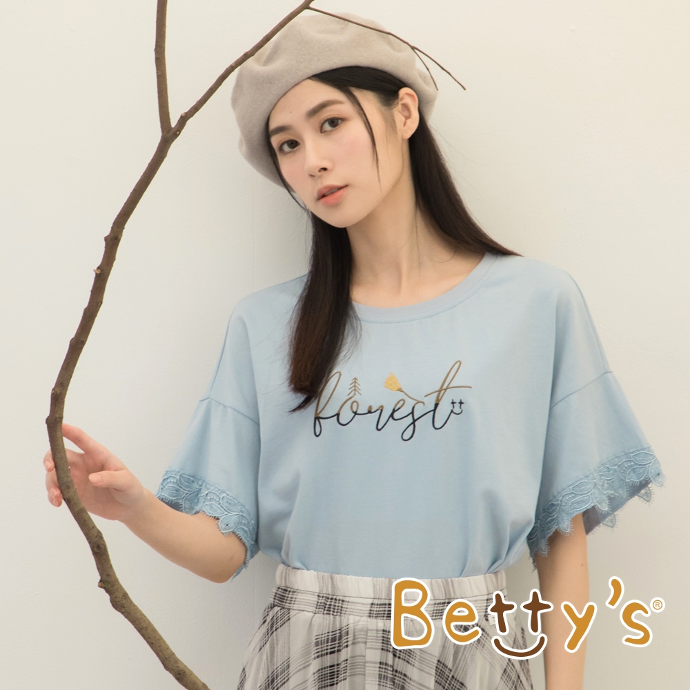 betty’s貝蒂思　繡花蕾絲袖落肩 T-shirt(淺藍)