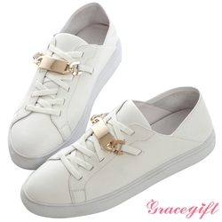 (KOL聯名穿搭鞋)Grace gift X Wei-聯名全真皮金屬設計2way休閒小白鞋 白