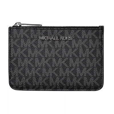 MK MICHAEL KORS JET SET 銀字LOGO滿版字母印花PVC 3卡拉鍊鑰匙零錢包(黑)