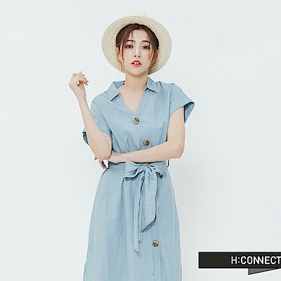 H:CONNECT 韓國品牌 女裝-造型排扣綁結洋裝-藍