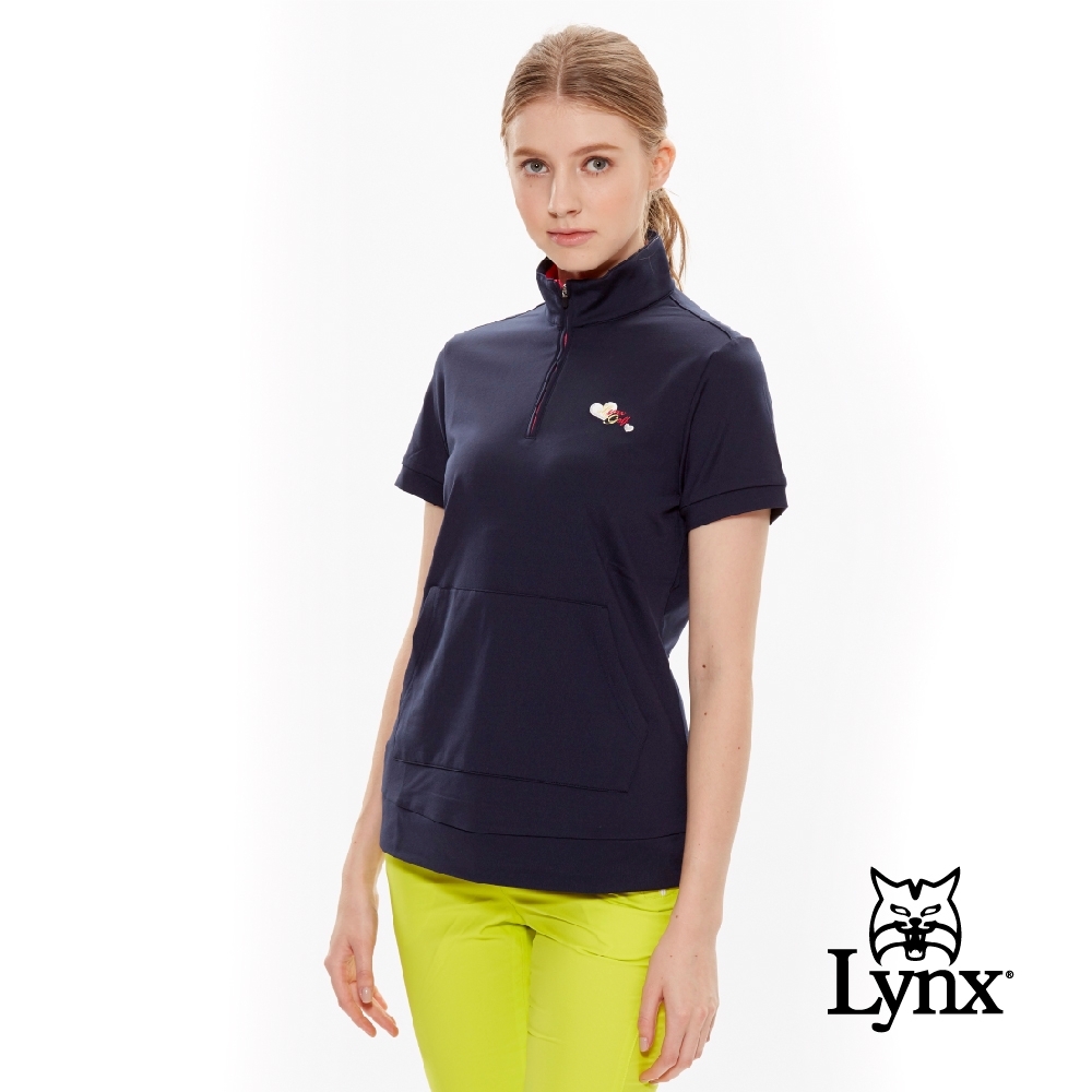 【Lynx Golf】女款內刷毛俏皮口袋款短袖立領POLO衫-深藍色