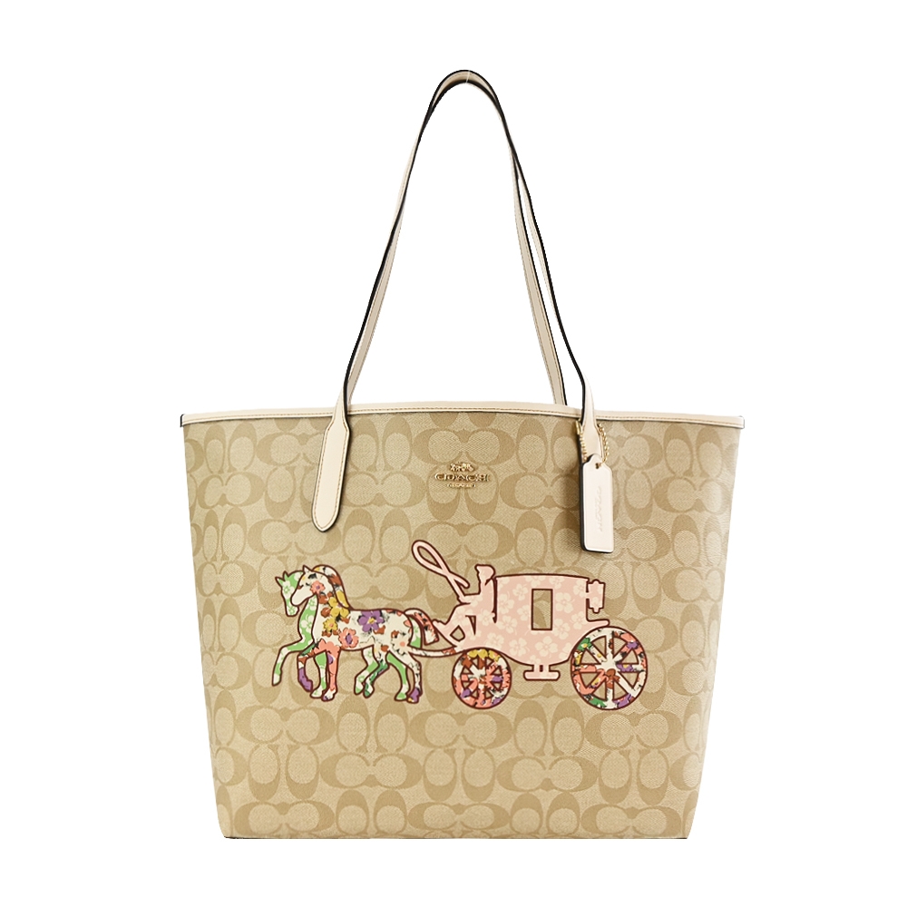 COACH City Tote 馬車剪影碎花印PVC開放托特包(卡其粉)