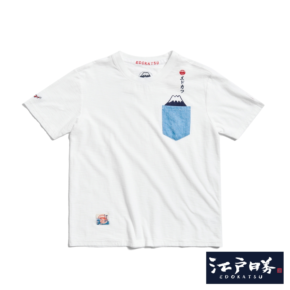 EDOKATSU 江戶勝 口袋富士山LOGO短袖T恤-男-米白色