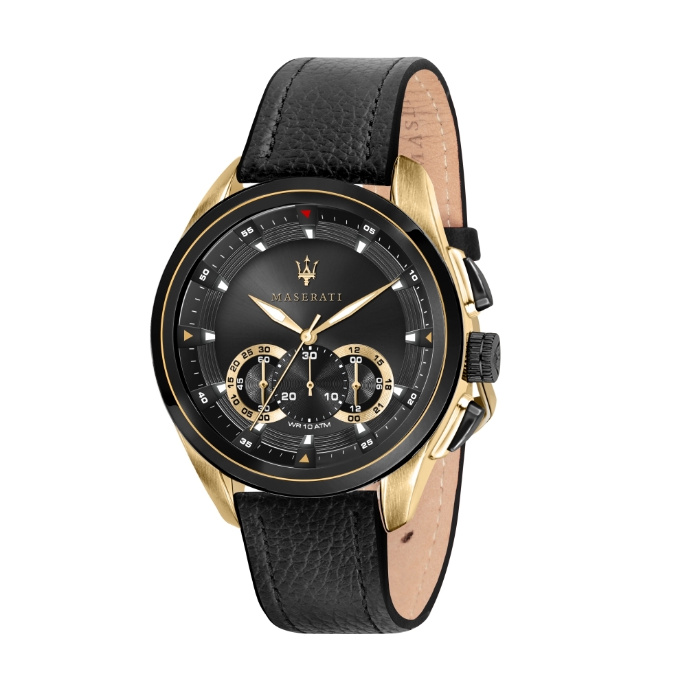 MASERATI 瑪莎拉蒂 經典黑金計時皮帶腕錶45mm(R8871612033)