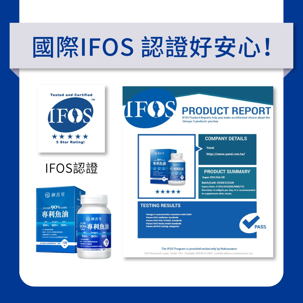 國際 認證好安心!Tested and rtified PRODUCT REPORT Product Reports help you make an informed choice about theOmega3 products you buy5 Star Rating!IOS認證 專利魚油 專利魚油 御堂%專利魚油60% % 20% Ce御堂90% 專利魚油 60% 90% 20%TESTING RESULTSOmega-3 concentration consistent with labelPasses  oxidation standardsPasses  PCB, PCF standardsPasses IFOS heavy metal standardsPasses  IFOS testing 120COMPANY DETAILSYunxihttps//wwwyunxi.com.tw/PRODUCT SUMMARYSuper EPA Fish Batch/Lot 315GE112528Expiry Date: 27/05/2026DD/MM/)Direction: 4 softgels per day, it is recommendedto supplement after meals.The IFOS Program is provided exclusivelyNutrasource120 Research Lane, Suite 101  Guelph, ON N1G   certifications.nutrasource.caPASS