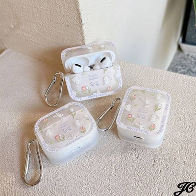 【JC Collection】Airpods1/2/Airpods pro/Airpods3鬱金香兔子印花附掛鈎藍牙耳機保護殼(鬱金香兔子)