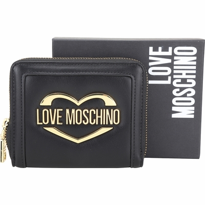 LOVE MOSCHINO 拋光愛心字母皮革拉鍊短夾(黑色)