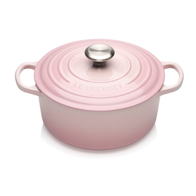 LE CREUSET 琺瑯鑄鐵典藏圓鍋24cm-貝殼粉-鋼頭