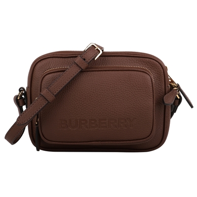 BURBERRY  烙印字母LOGO 牛皮革前口袋斜背相機包(駝咖)小款