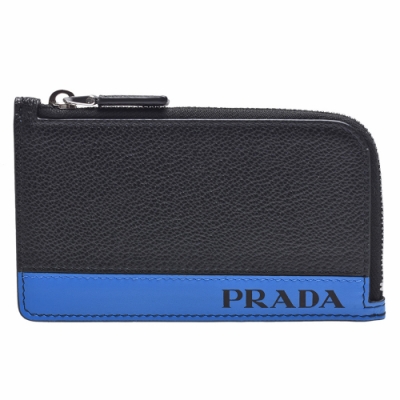 PRADA 普拉達 經典品牌LOGO牛皮拉鍊卡夾/零錢包(黑)