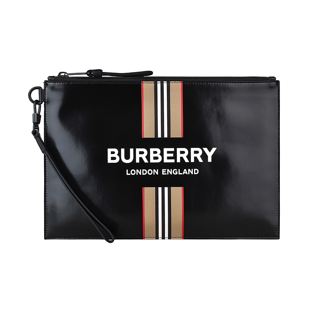 BURBERRY白字LOGO滑面帆布條紋設計拉鍊手拿包(黑)