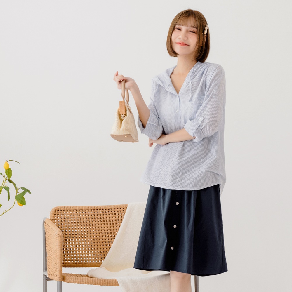 OB嚴選-純棉造型排釦孕婦中長裙