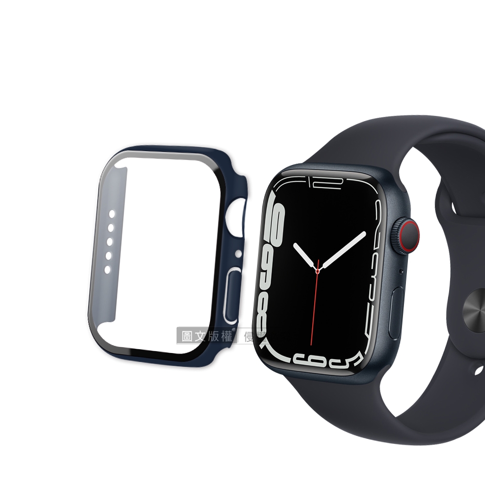 全包覆經典系列 Apple Watch Series 9/8/7 45mm 9H鋼化玻璃貼+錶殼 一體式保護殼(藍色)