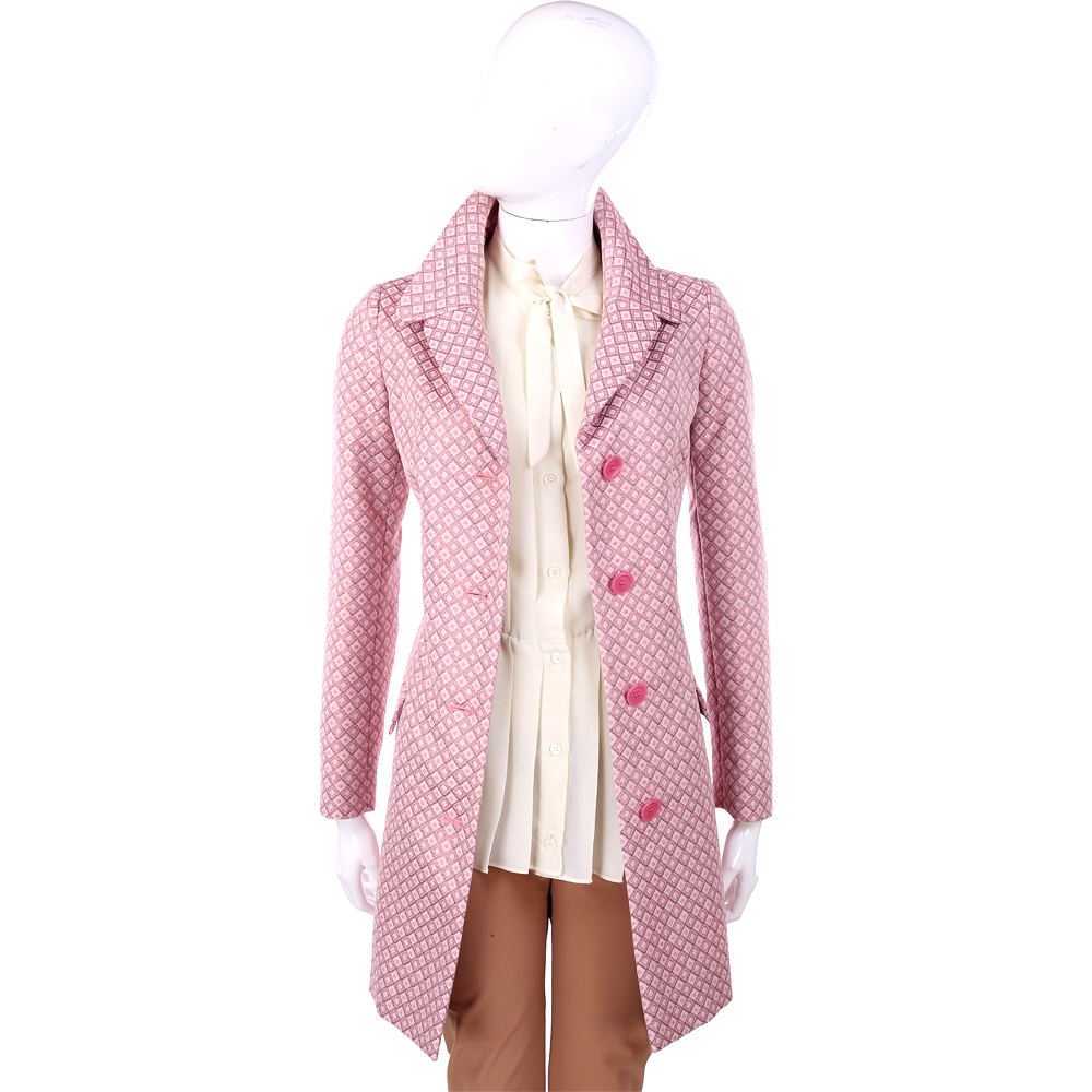 MOSCHINO 粉色菱格紋翻領排釦設計長版外套