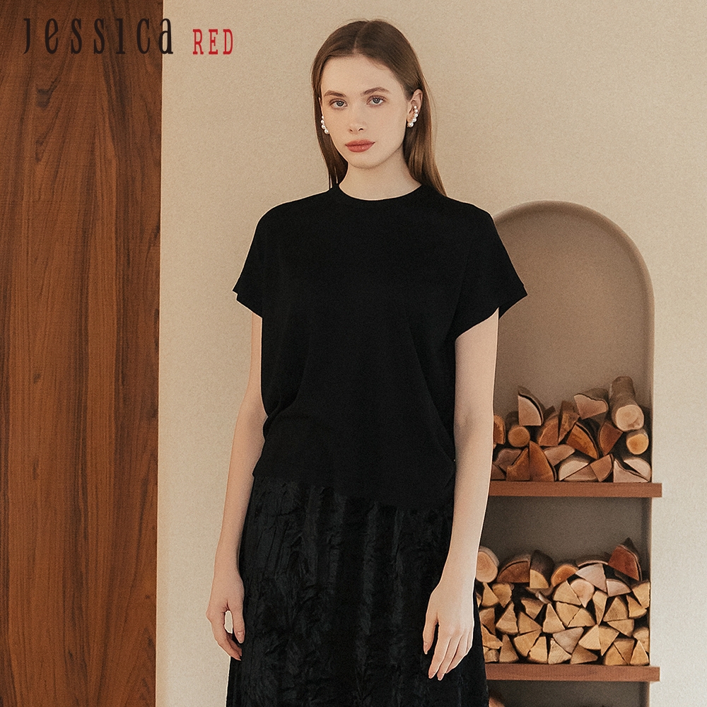 JESSICA RED - 簡約舒適百搭羊毛圓領短袖針織衫R35501（黑）