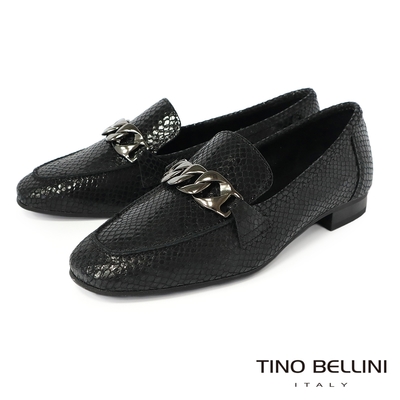Tino Bellini 義大利進口蛇紋金屬鍊飾牛皮樂福鞋_黑