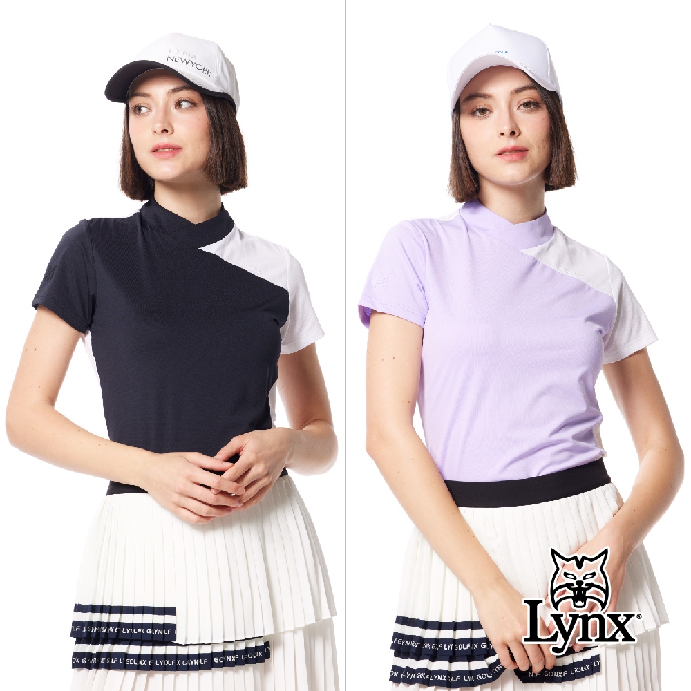 【Lynx Golf】首爾高桿風格！女款合身版銀離子抗菌吸排洞洞布剪接造型山貓膠標短袖小V領POLO衫/高爾夫球衫(二色)