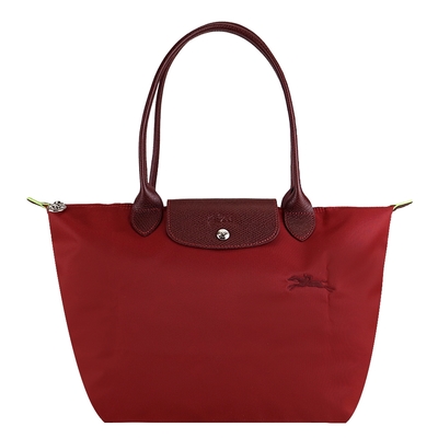 LONGCHAMP LE PLIAGE GREEN系列刺繡長把再生尼龍摺疊水餃包(中/夕陽紅)