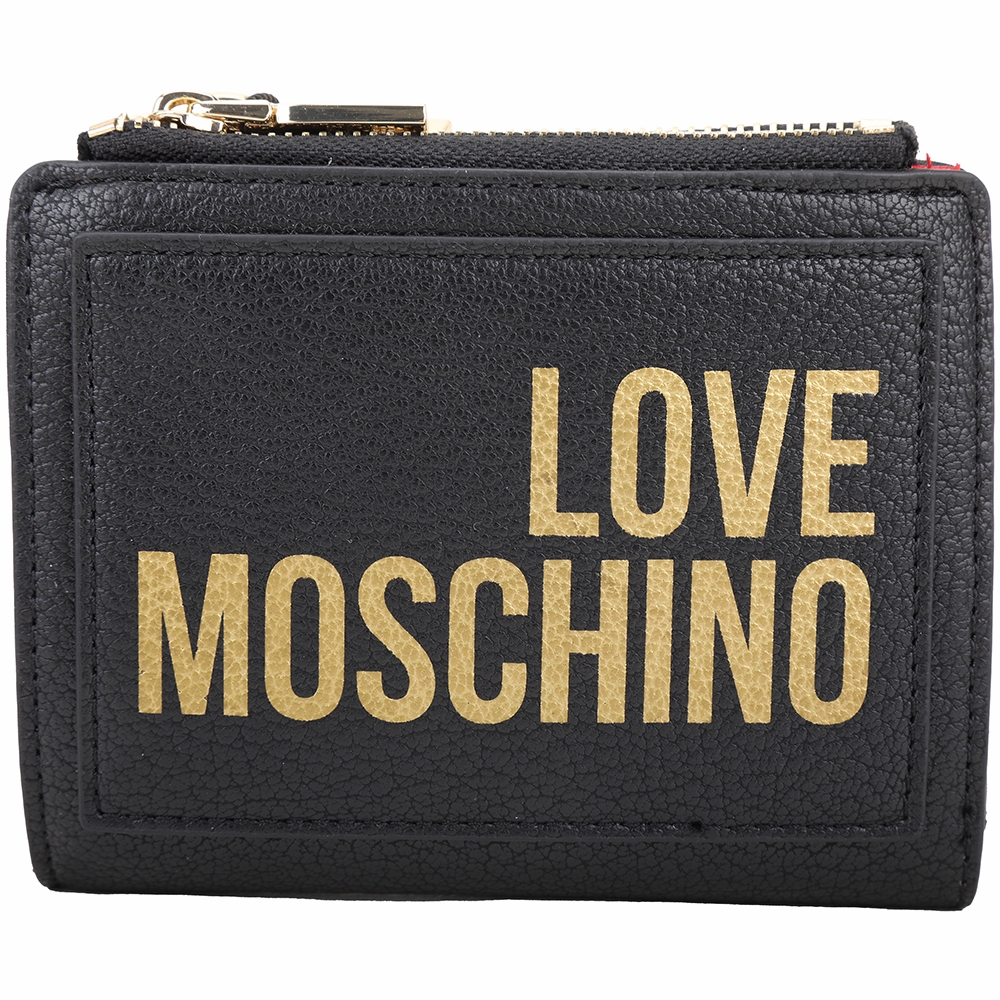 LOVE MOSCHINO 燙金字母雙零袋皮革對折短夾(黑色)