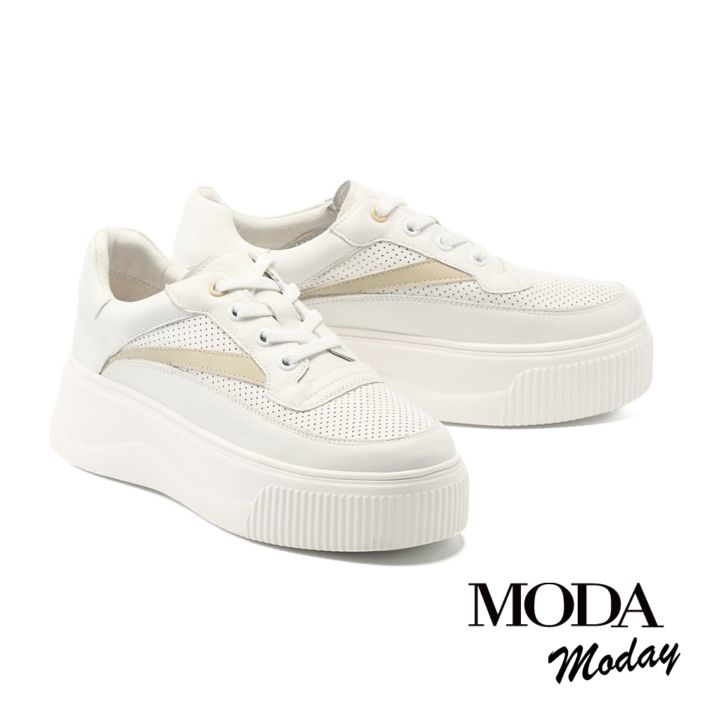 休閒鞋 MODA MODAY 街頭簡約沖孔全真皮厚底休閒鞋－米