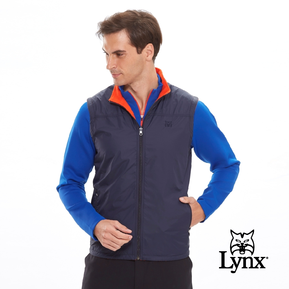 【Lynx Golf】男款雙面穿Fleece風衣布無袖背心-深藍色/橘色